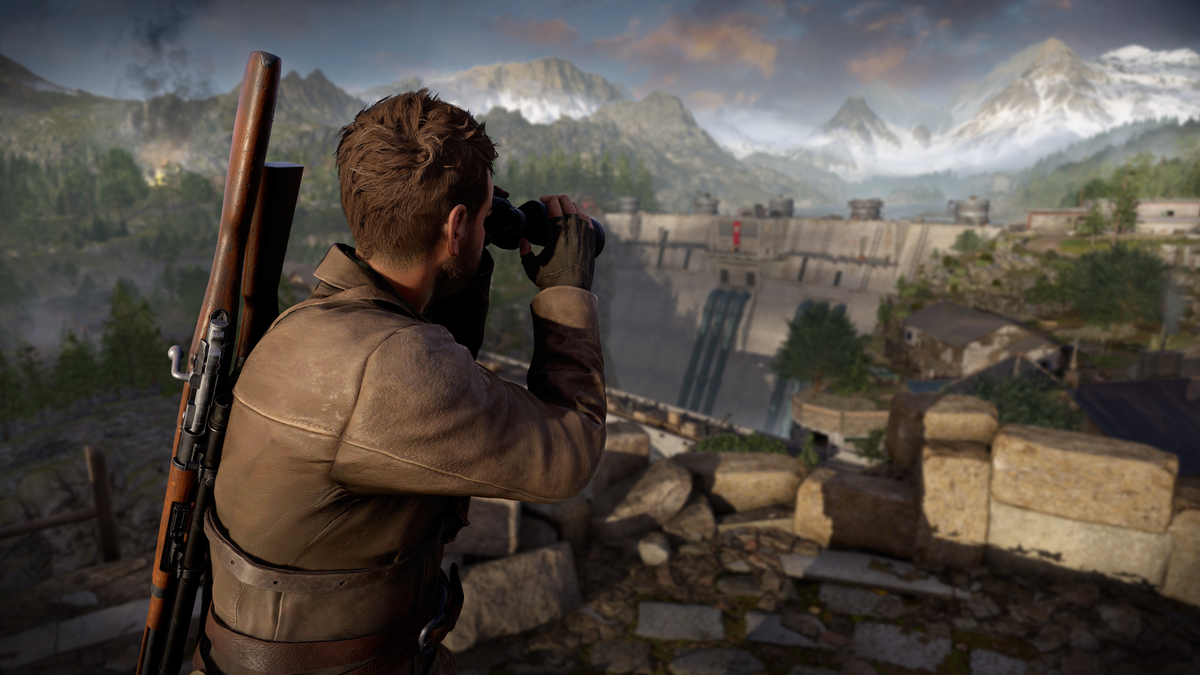 A sniper scouts out a potential target with a pair of binoculars in Sniper Elite: Resistance.