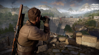 A sniper scouts out a potential target with a pair of binoculars in Sniper Elite: Resistance.