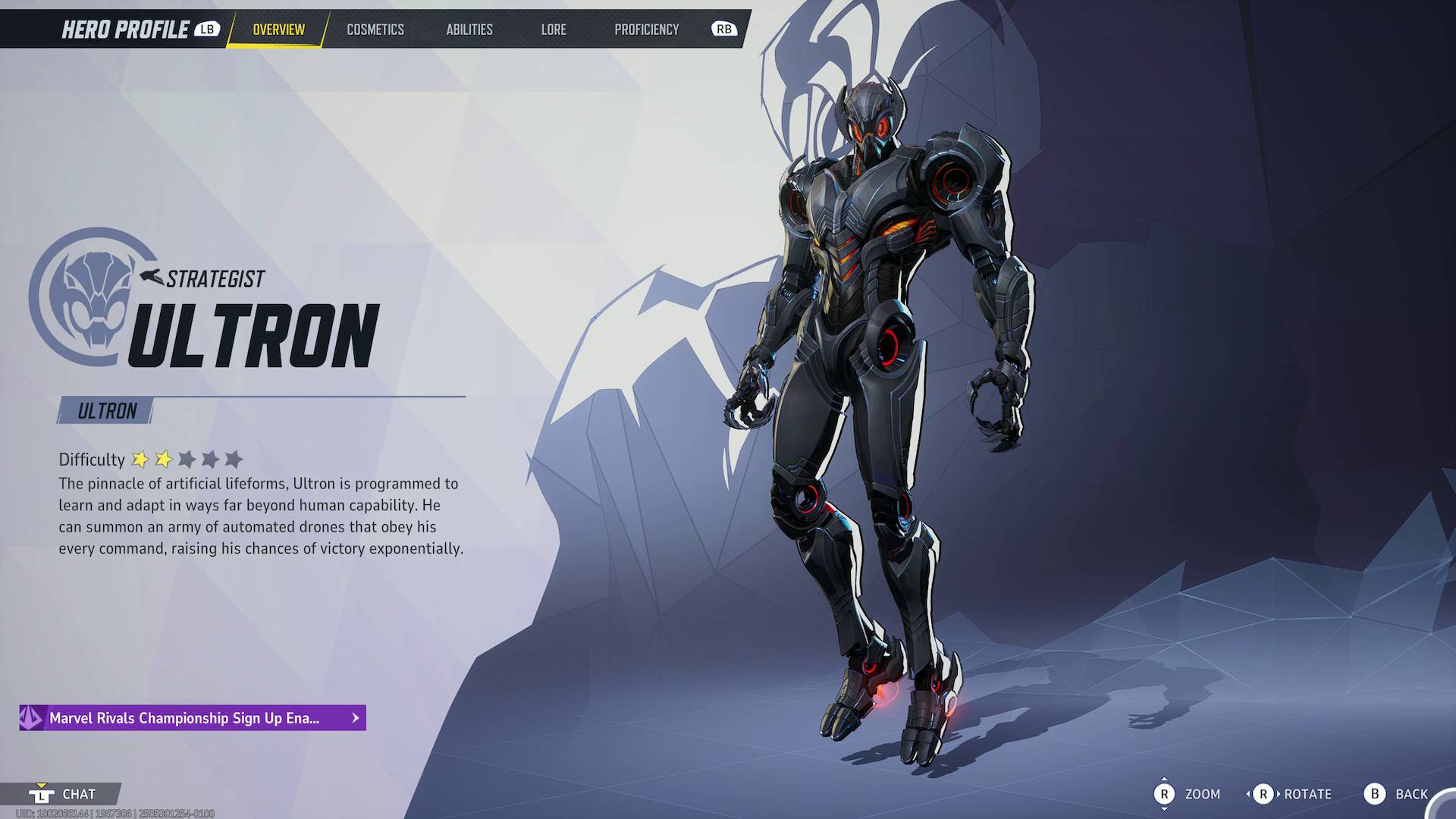 Marvel Rivals Ultron overview page with description and difficulty rating of 2/5 stars