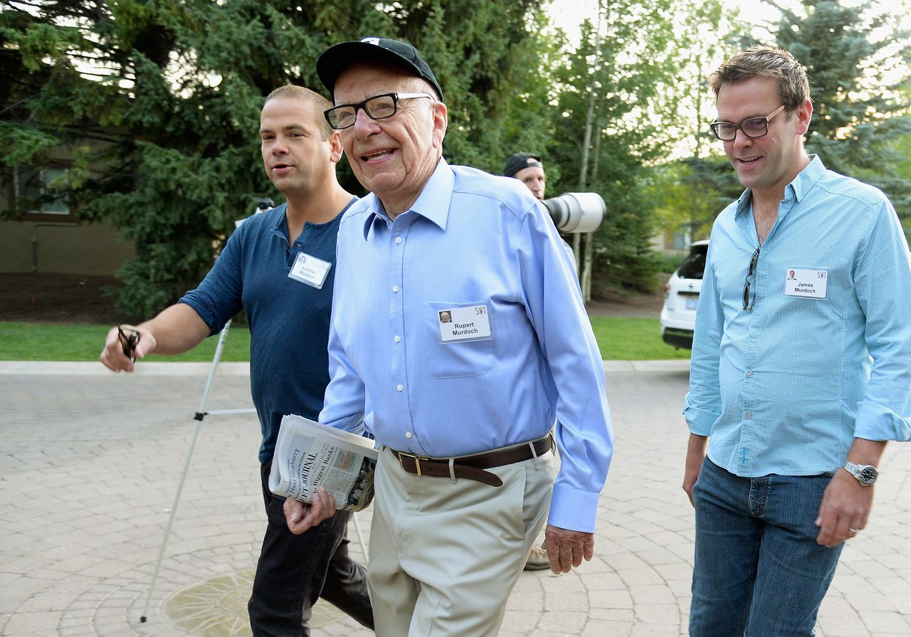 SUN VALLEY, ID - JULY 10:Media mogul Rupert Murdoch (C) executive chairman of News Corporation and chairman and CEO of 21st Century Fox; James Murdoch, (R) son ofRupert Murdoch and the deputy