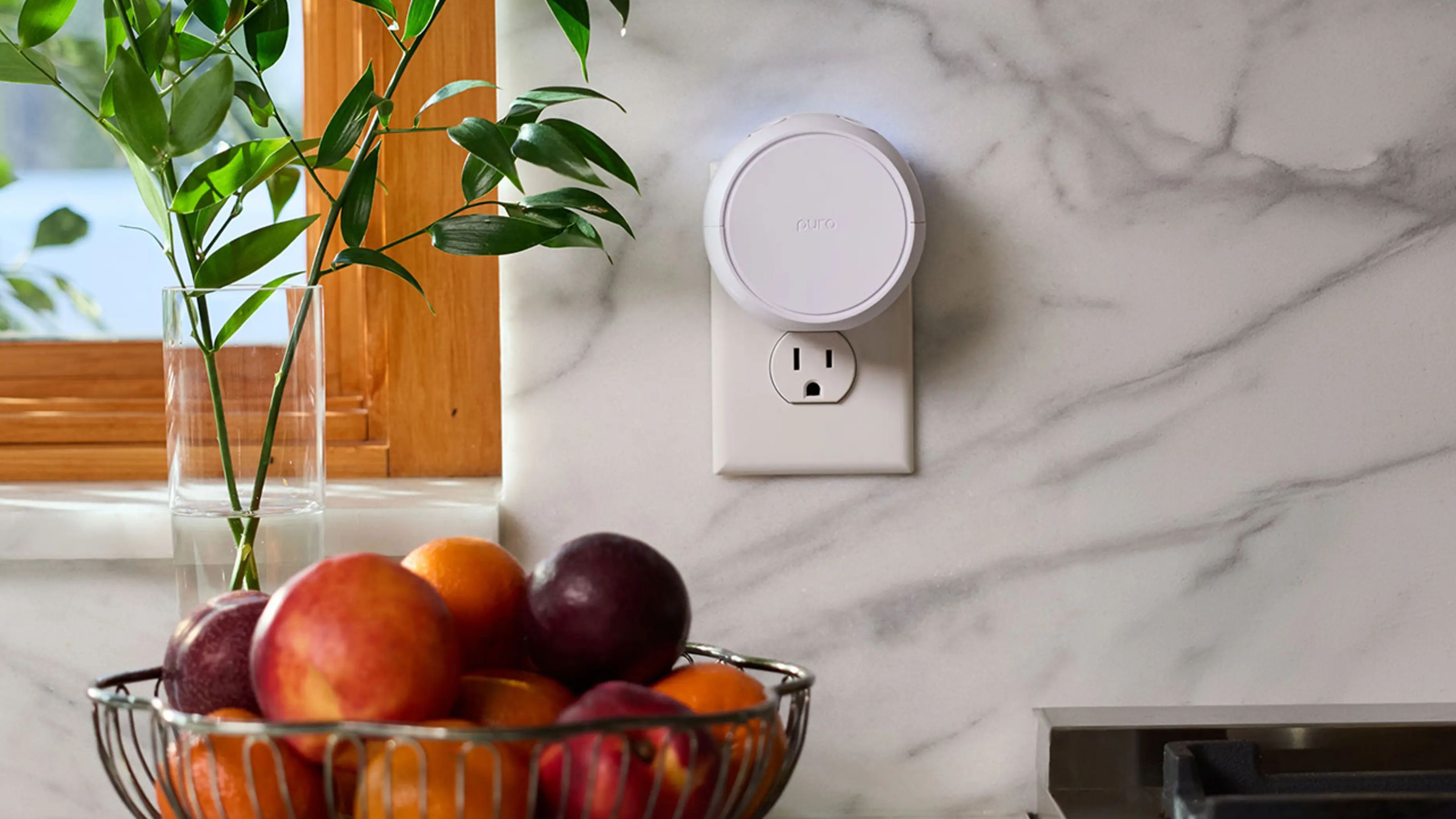 White Pura smart home diffuser plugged into a white marble wall with wood-framed window, glass vase with greenery, and a silver fruit bowl filled with fruit.