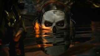 Soldier in skull mask submerged in water with eye just above the waterline