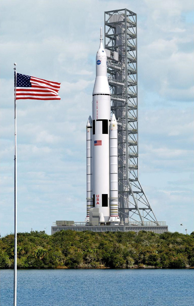 This artist&#039;s concept shows a vertical view of NASA&#039;s Space Launch System on the launch pad.