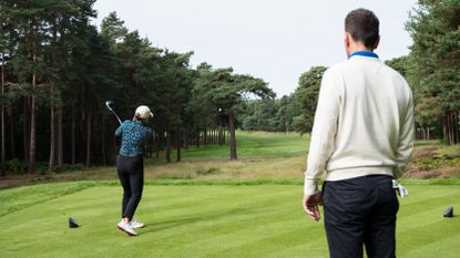 Nick Dougherty and Golf Monthly reader Amanda Rowley on the 12th tee at Wentworth