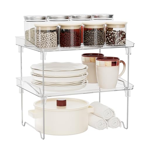 Starlatta 2 Pcs Cabinet Organizer Shelf&amp;#65292;stackable Kitchen Counter Shelves, Spice Rack,countertop Organizers&amp;#65292;clear Plastic Storage Shelves Rack for Makeup&amp;#65292;bathroom, Cupboard&amp;#65292;desk&amp;#65292;pantry Organization