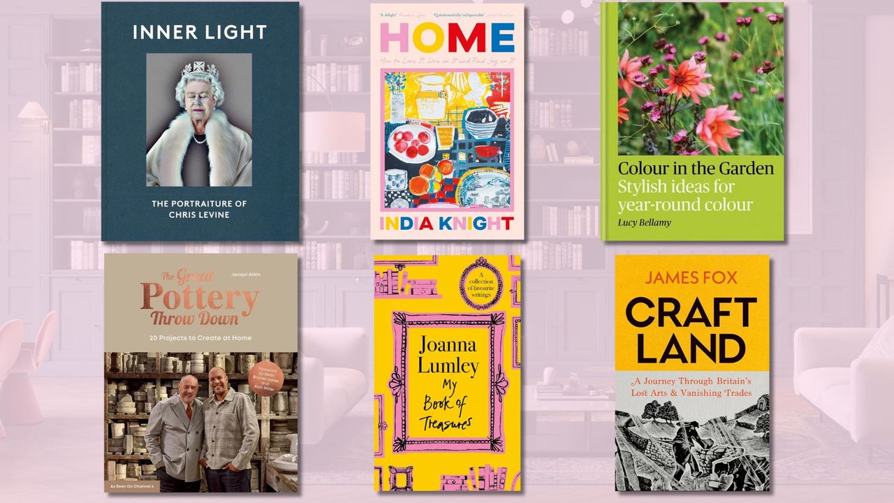 6 of the best coffee table books and non-fiction books of 2025, shown over a photo of a home with lots of book shelves and coffee table books