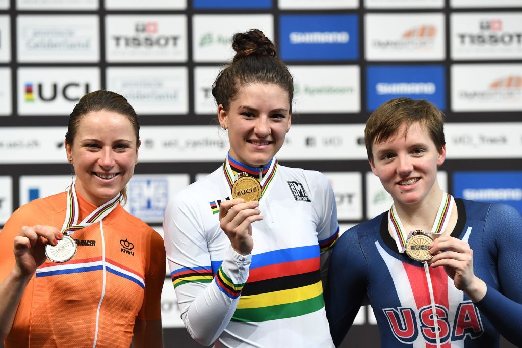 Annemiek van Vleuten, Chloe Dygert Owen and Kelly Catlin on the pursuit podium
