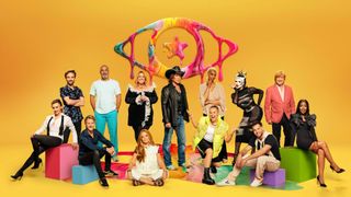 Ella, Jack, Daley, Chesney, Donna, Patsy, Mickey, Jojo, Trisha, Danny, Chris, Michael, Angellica standing in front of the Celebrity Big Brother 2025 logo of melting paint