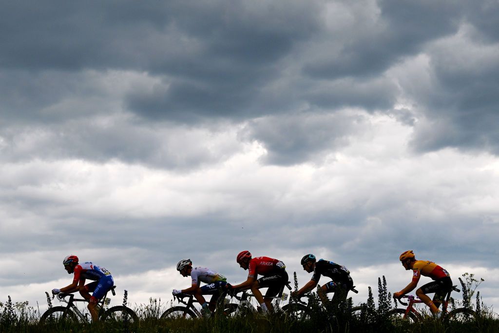 BRIVESCHARENSAC FRANCE JUNE 06 A general view of Olivier Le Gac of France and Team Groupama FDJ Anders Skaarseth of Norway and UNO X Pro Cycling Team Alexis Vuillermoz of France and Team Total Energies Anthony Delaplace of France and Team Arka Samsic Xandres Vervloesem of Belgium and Team Lotto Soudal and Kevin Vermaerke of United States and Team DSM compete in the breakaway during the 74th Criterium du Dauphine 2022 Stage 2 a 1698km stage from SaintPray to BrivesCharensac WorldTour Dauphin on June 06 2022 in BrivesCharensac France Photo by Dario BelingheriGetty Images