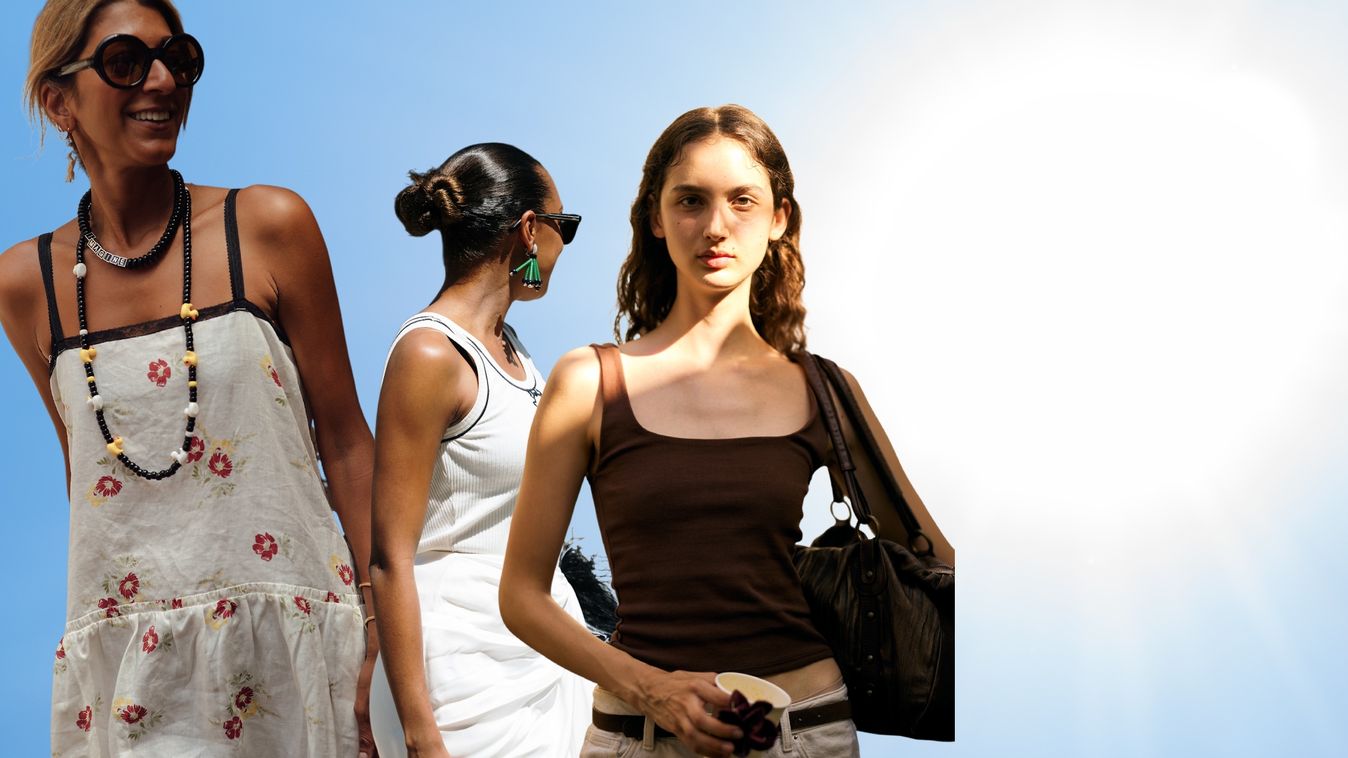 sunny background with a cutout of women in summer outfits in brown, white, and black
