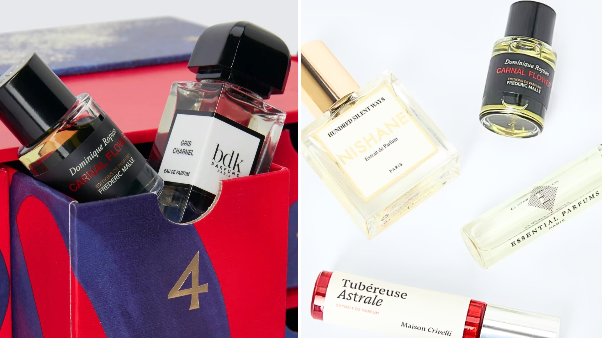 Up close collage of two images of the contents inside the John Lewis Fragrance Advent Calendar 2026