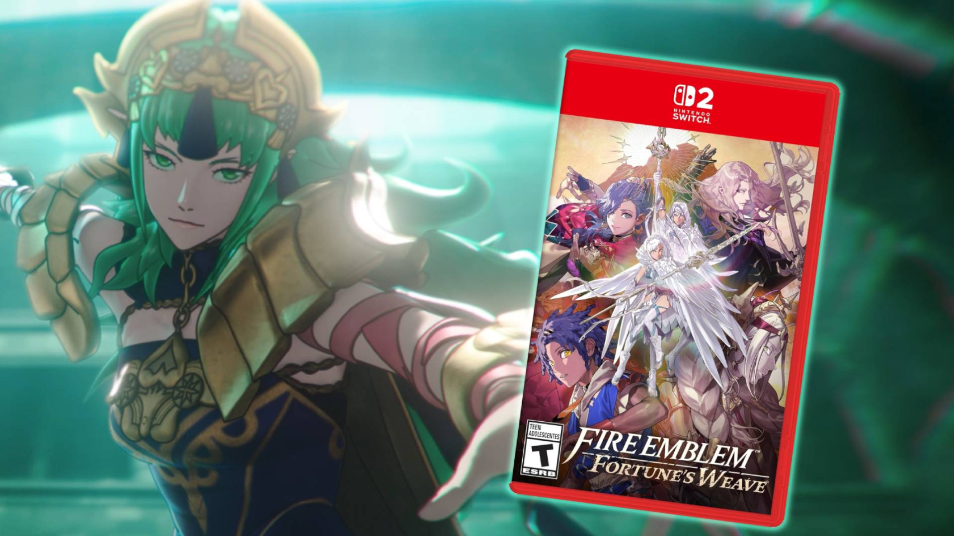 Copy of the Fire Emblem Fortune's Weave Switch 2 box art on top of an official screenshot from the game.