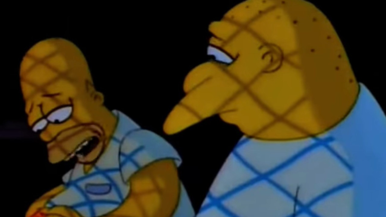 Homer opening up to Leon Kompowsky on the banned The Simpsons episode, "Stark Raving Dad"