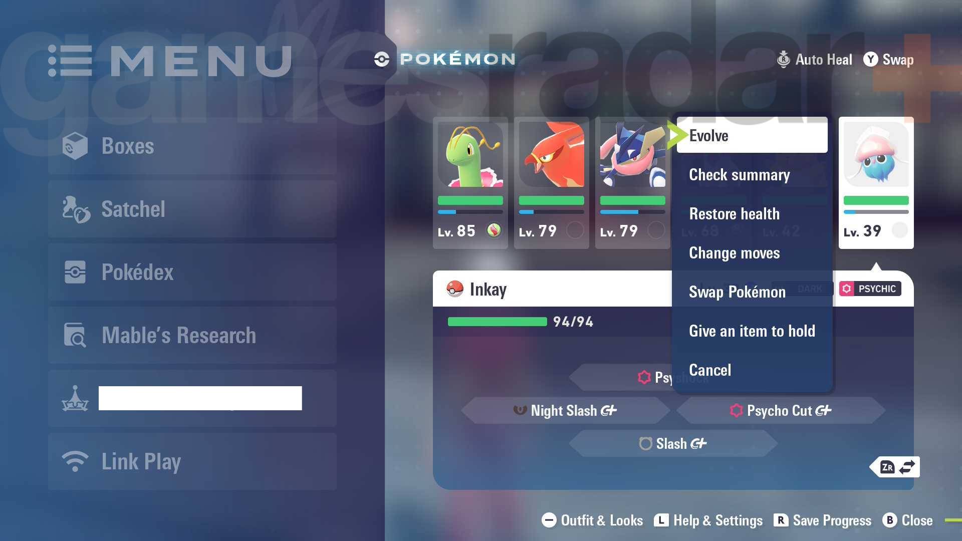 Selecting the option to evolve Inkay in Pokemon Legends: Z-A.