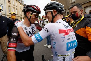 UAE Team Emirates teams Slovenian rider Tadej Pogacar R is congratulated by UAE Team Emirates teams Polish rider Rafal Majka L after winning the 6th stage of the 109th edition of the Tour de France cycling race 2199 km between Binche in Belgium and Longwy in northern France on July 7 2022 Photo by GONZALO FUENTES POOL AFP Photo by GONZALO FUENTESPOOLAFP via Getty Images