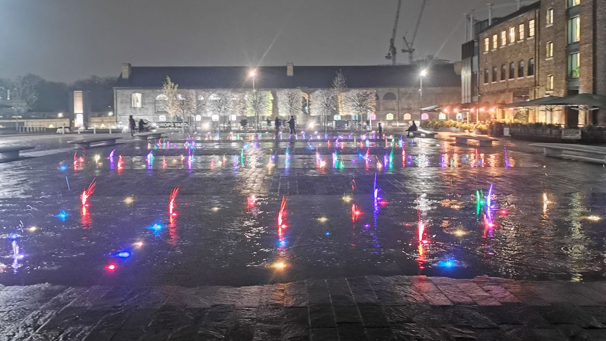 Granary Square, London looks colorful and vibrant despite it being the middle of the night. Image credit: TechRadar