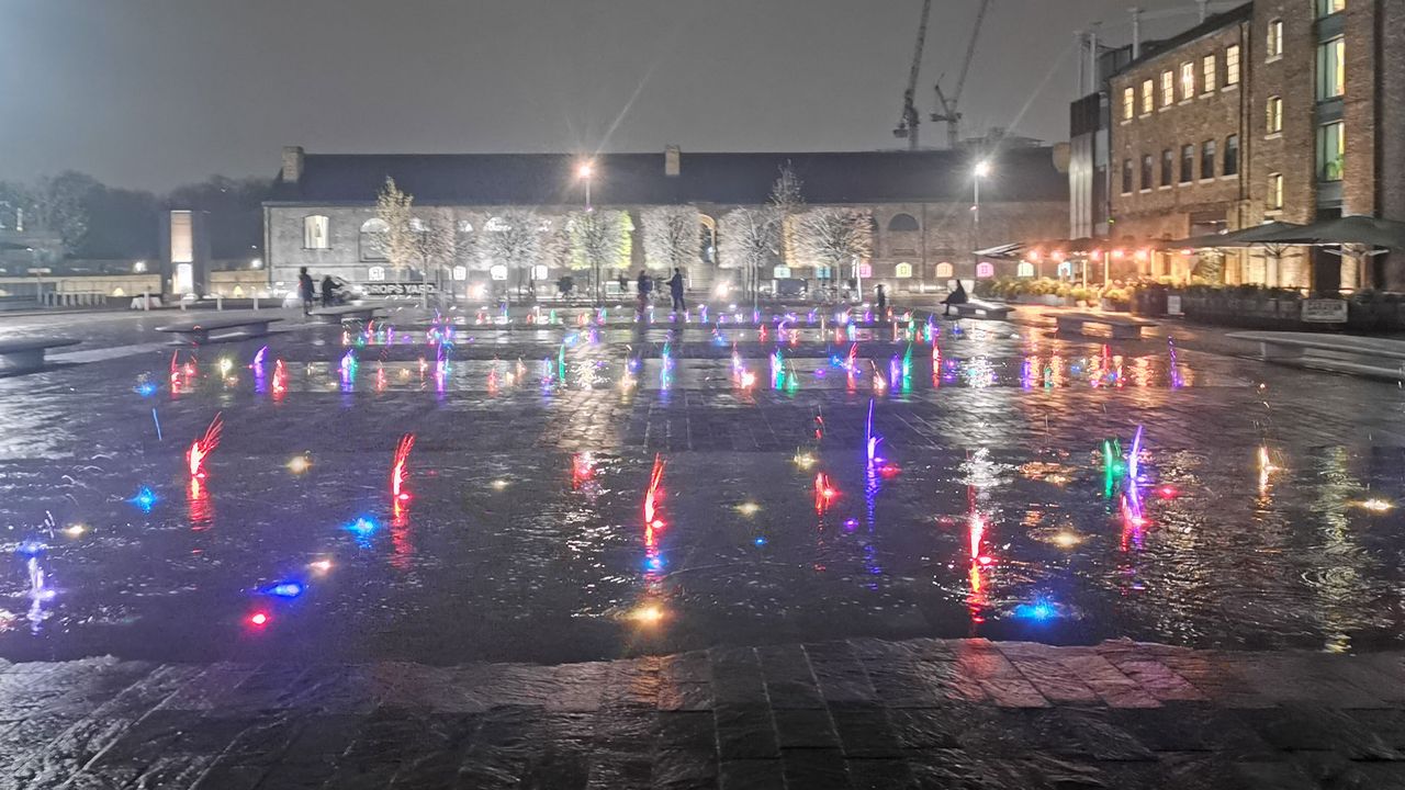 Granary Square, London looks colorful and vibrant despite it being the middle of the night. Image credit: TechRadar