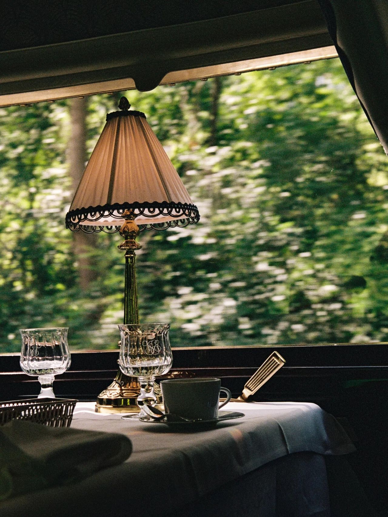 A luxury train filled with plush and stuck-in-time furnishings.