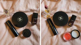 Two pictures of the Chanel products (including the Healthy Glow Bronzing Cream, Baume Glow Stick, 31 Le Rouge lipstick, Rouge Noir Nail Polish and No.1 Lip and Cheek balm), tested by Beauty Writer, Naomi Jamieson, laid out on a pink backdrop