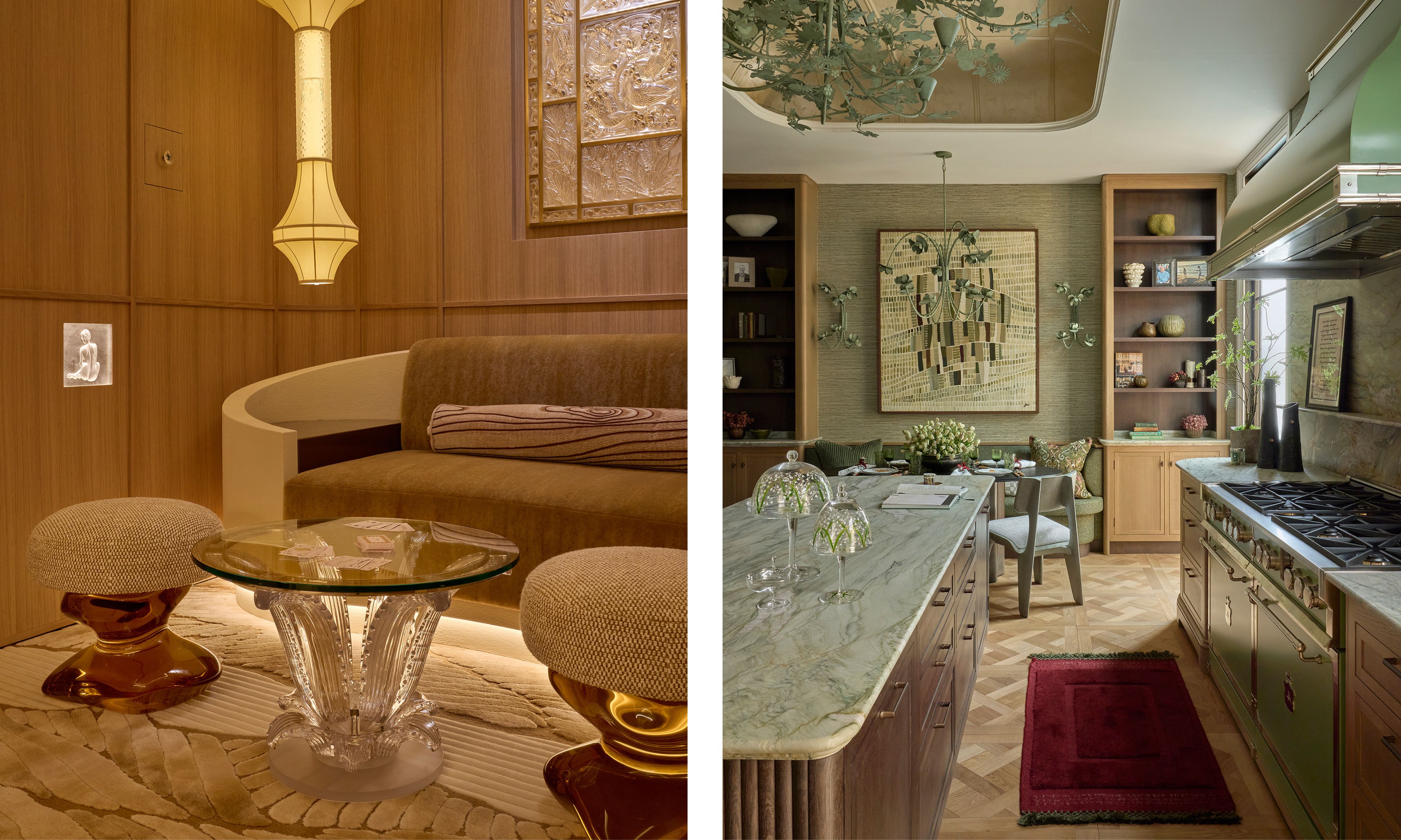 Side-by-side premium interiors: the left shows a warm, wood-paneled lounge with a curved sofa and a glass-base table; the right shows a high-end green kitchen and dining nook with a marble-top island.
