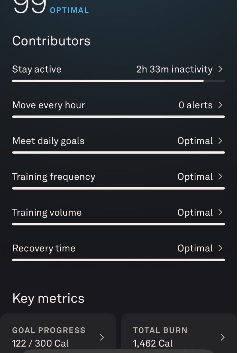 A screenshot of the activity tab on the Oura ring, showing activity score, training frequency and metrics like how many calories burned and step count