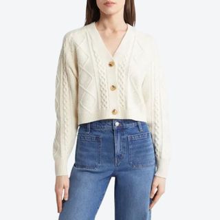 Cable Knit V-Neck Crop Cardigan on model 