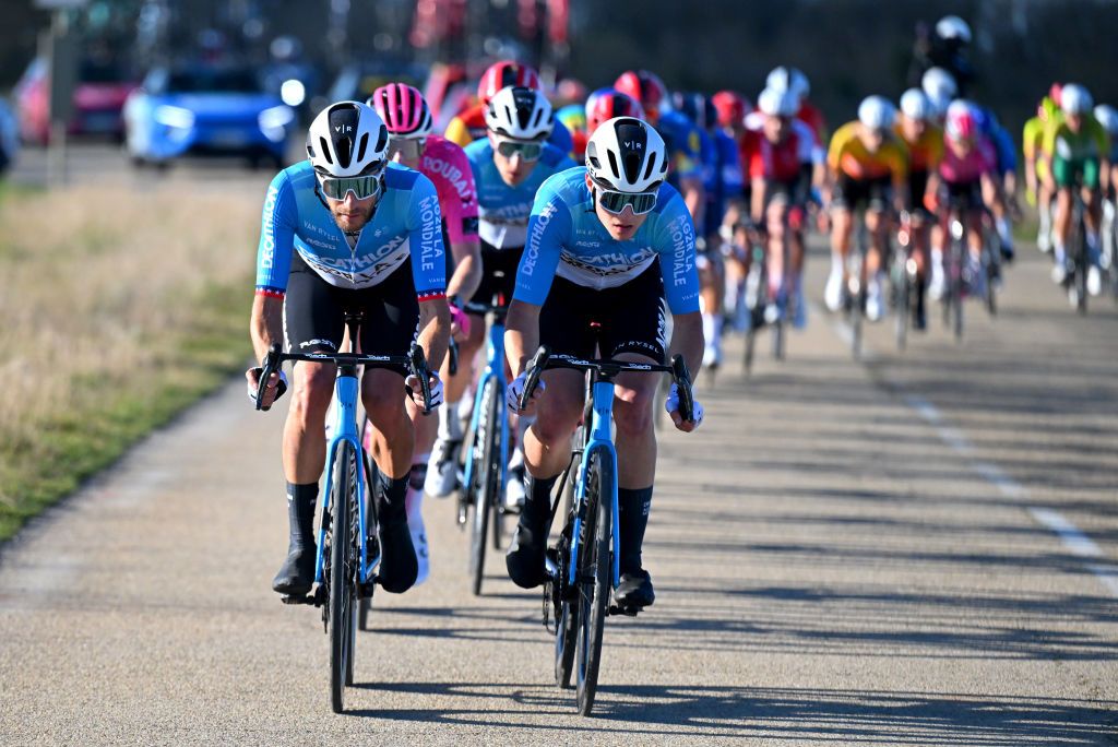 AG2R La Mondiale riders Larry Warbasse and Pierre Gautherat take over the front of the field