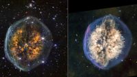 Two side by side images of a circular nebula, showing a cloud of golden gas surrounded by a blue bubble. The image on the left shows more background stars and a transparent bubble. The image on the right shows more of a yellow and green background with a bluer bubble