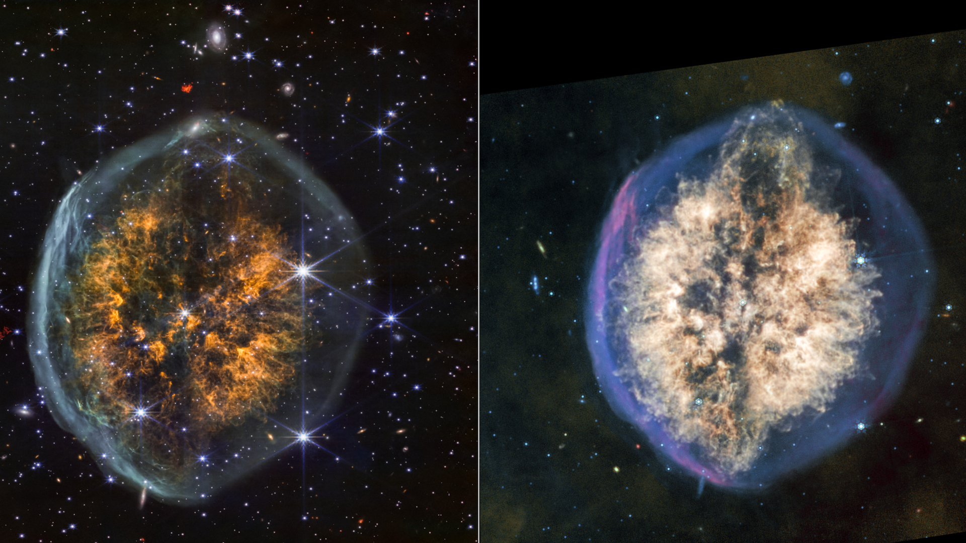 Two side by side images of a circular nebula, showing a cloud of golden gas surrounded by a blue bubble. The image on the left shows more background stars and a transparent bubble. The image on the right shows more of a yellow and green background with a bluer bubble