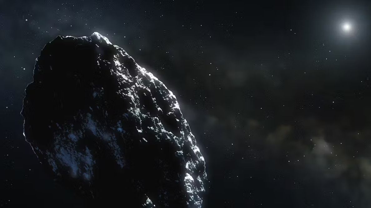 a shiny asteroid hangs in the darkness of space with a faint sun in the distance.