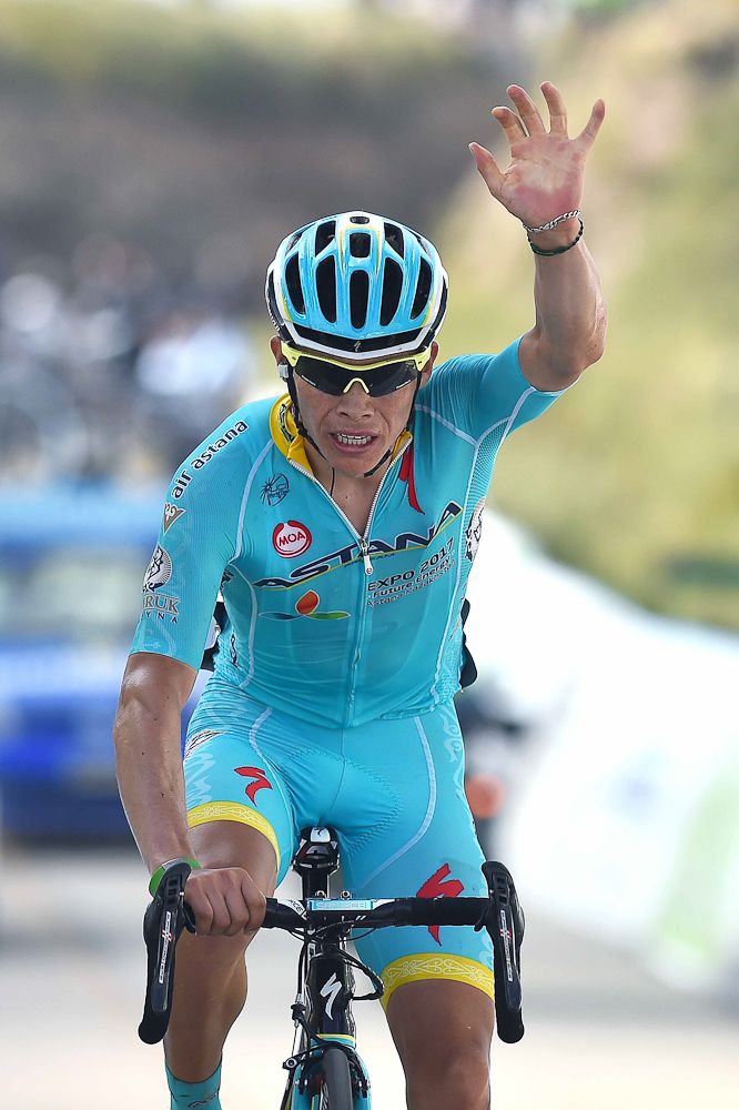 Miguel A. Lopez crosses the finish line to win stage 6 at the Tour de San Luis