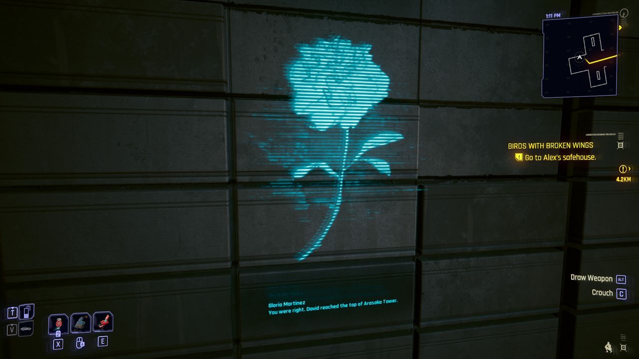 A memorial in Cyberpunk 2077 that reads: "Gloria Martinez: You were right. David reached the top of Arasaka tower."