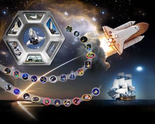 NASA's tribute art for space shuttle Endeavour depicting OV-105 and its 25 mission patches.
