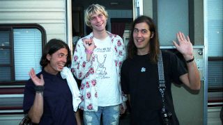 Dave Grohl,Kurt Cobain and Kirst Novoselic of Nirvana pose at the 1992 MTV Video Music Awards