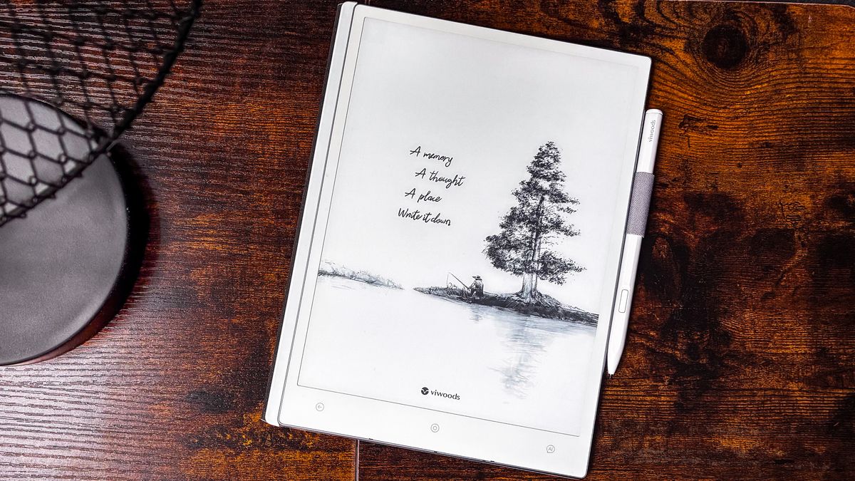 ViWoods AiPaper E Ink writing tablet on a tablet with its pen in its loop