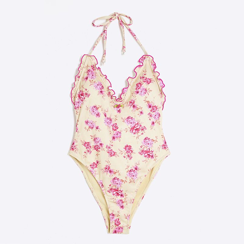 cream and pink floral swimsuit