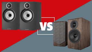 Acoustic Energy AE300 Mk2 and Bowers & Wilkins 606 S3 speakers against a red and grey comparison graphic
