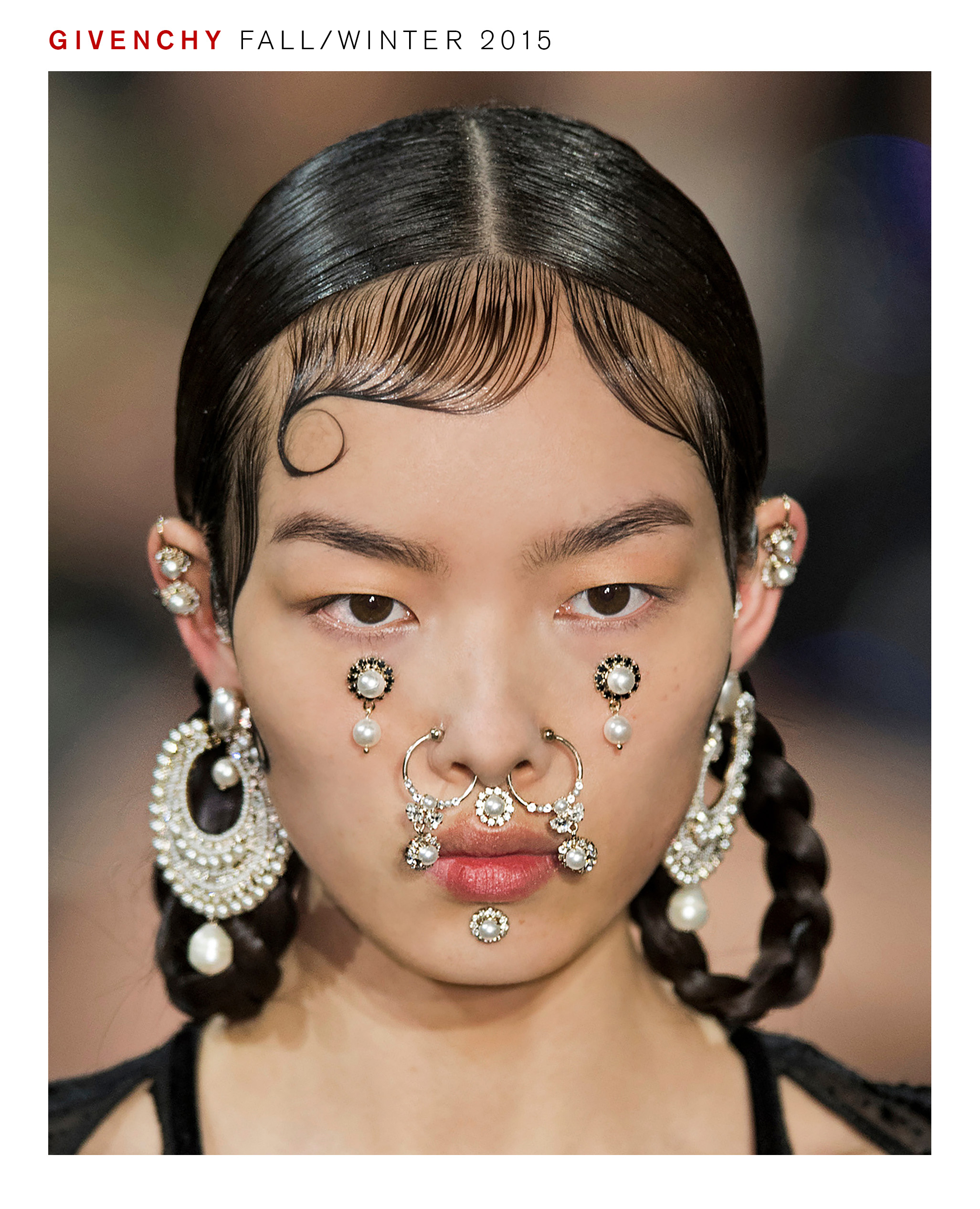 Model wearing Pat McGrath makeup look for Givenchy fall/winter 2015 show.