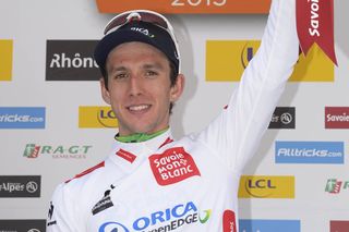 Simon Yates on the podium in the Best Young Riders jersey following Stage 8 of the 2015 Criterium du Dauphine