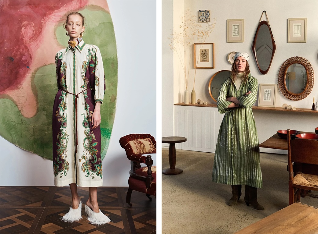 Two photographs, side by side, of models in shirt dresses