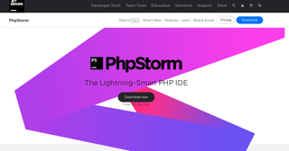 PHPStorm homescreen - text saying php storm, the lightning smart PHP IDE with a purple background