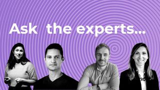 Headshots of website builder experts with a purple spiral background and white text over the top.