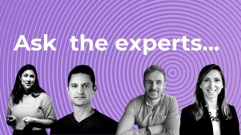 Headshots of website builder experts with a purple spiral background and white text over the top. 