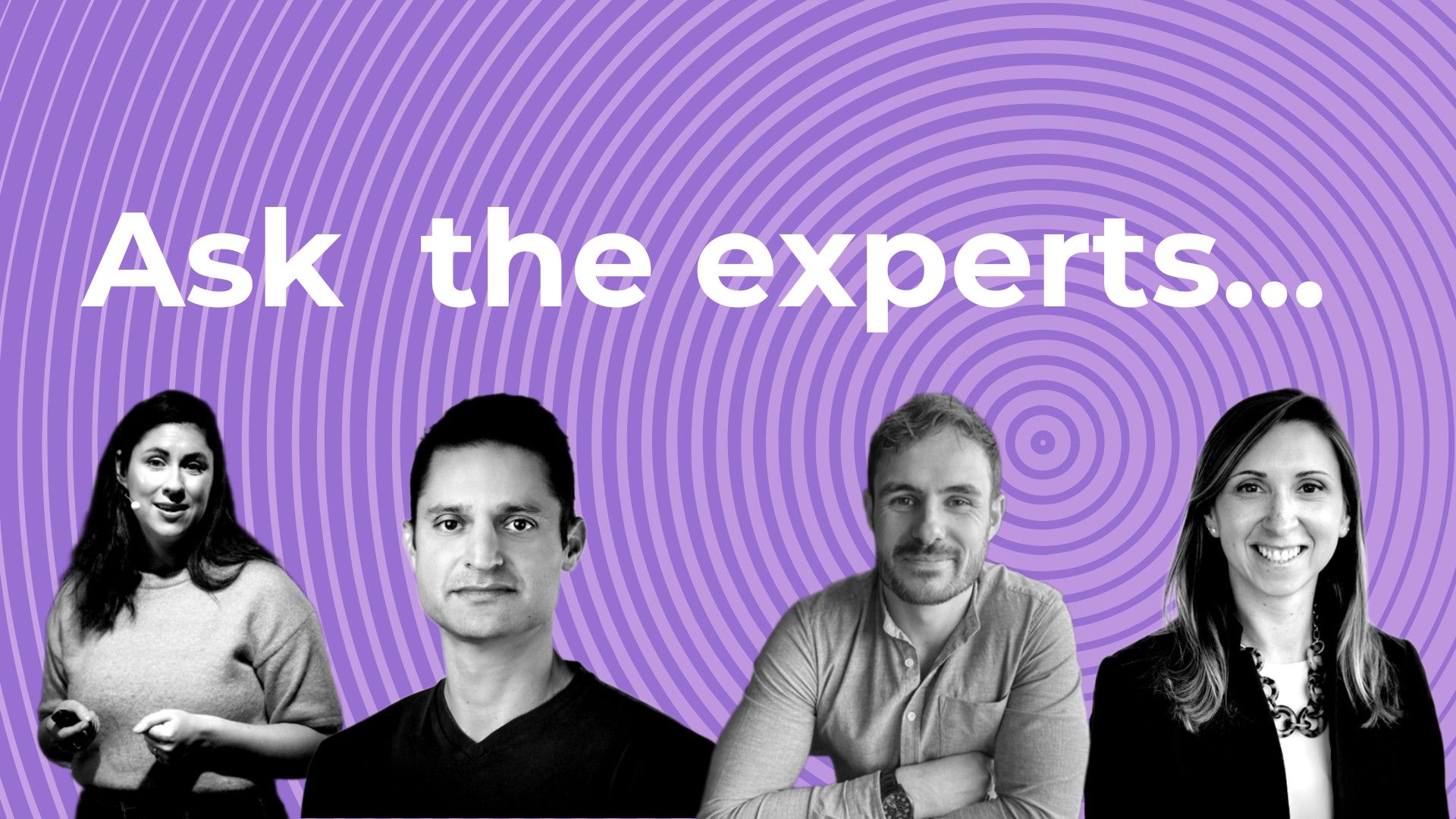 Headshots of website builder experts with a purple spiral background and white text over the top. 