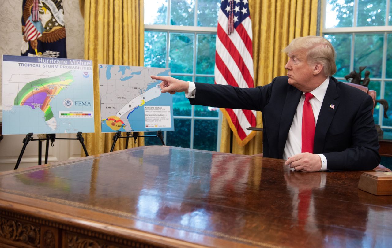 President Trump during a briefing on Hurricane Michael.