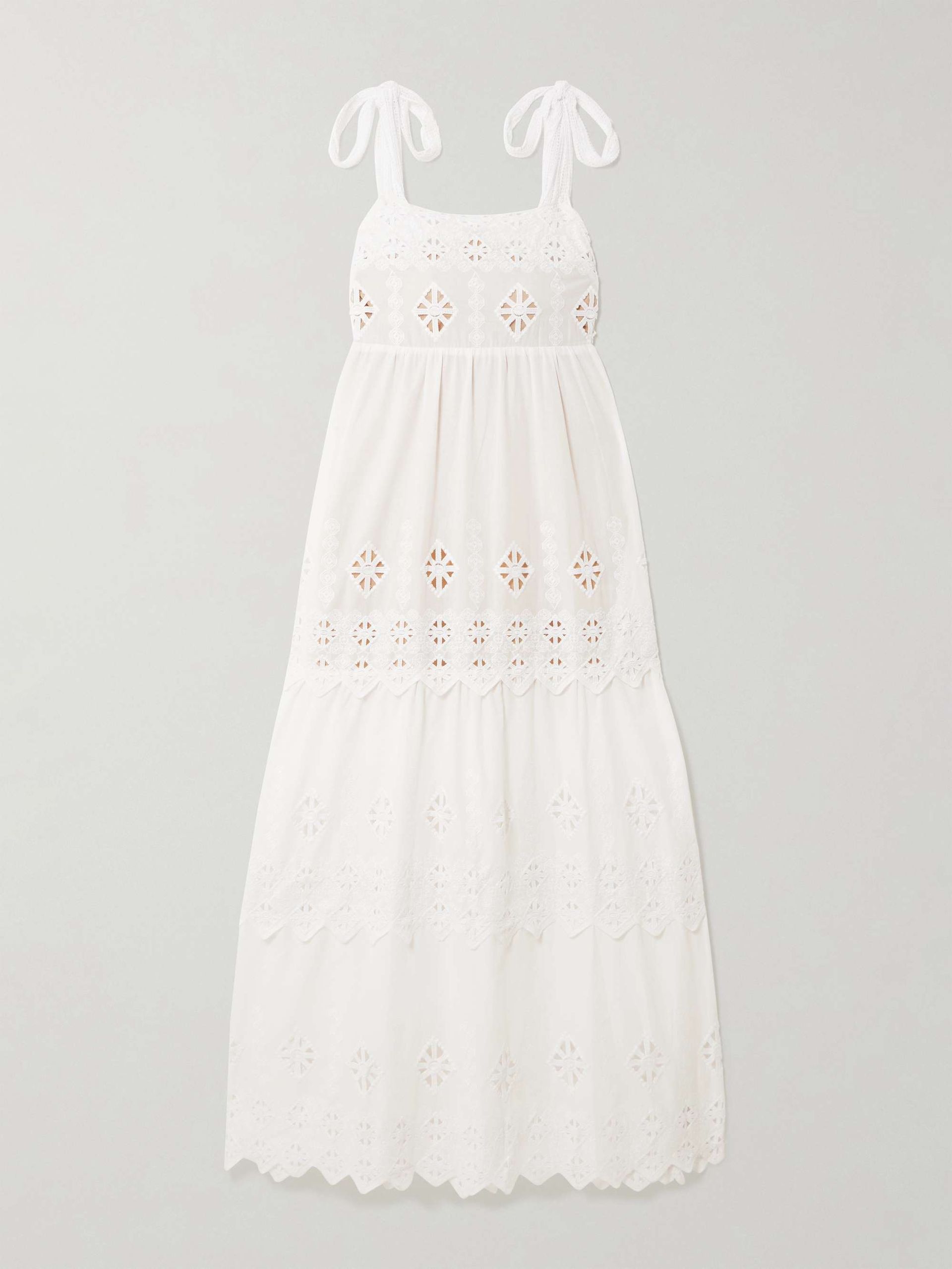 Juniper Tiered Scalloped Embroidered Voile Maxi Dress