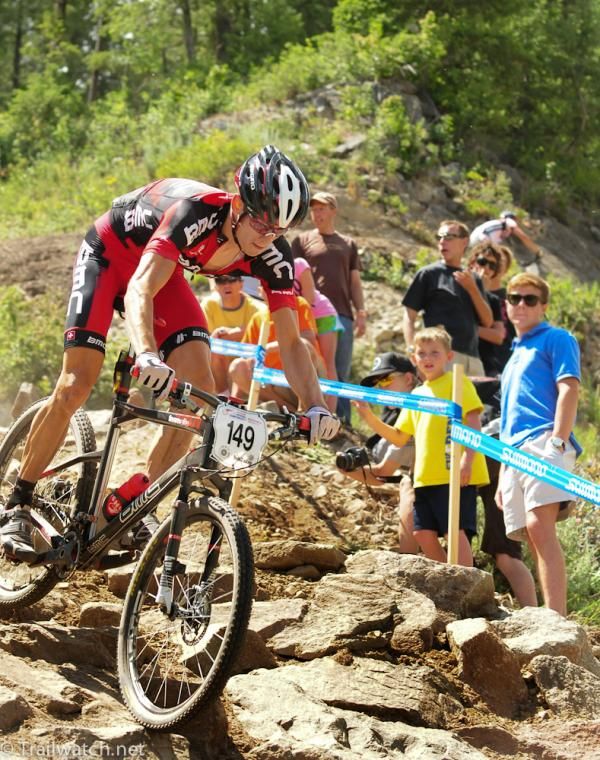 Stephen Ettinger (BMC) crosses a rock garden with two laps to go