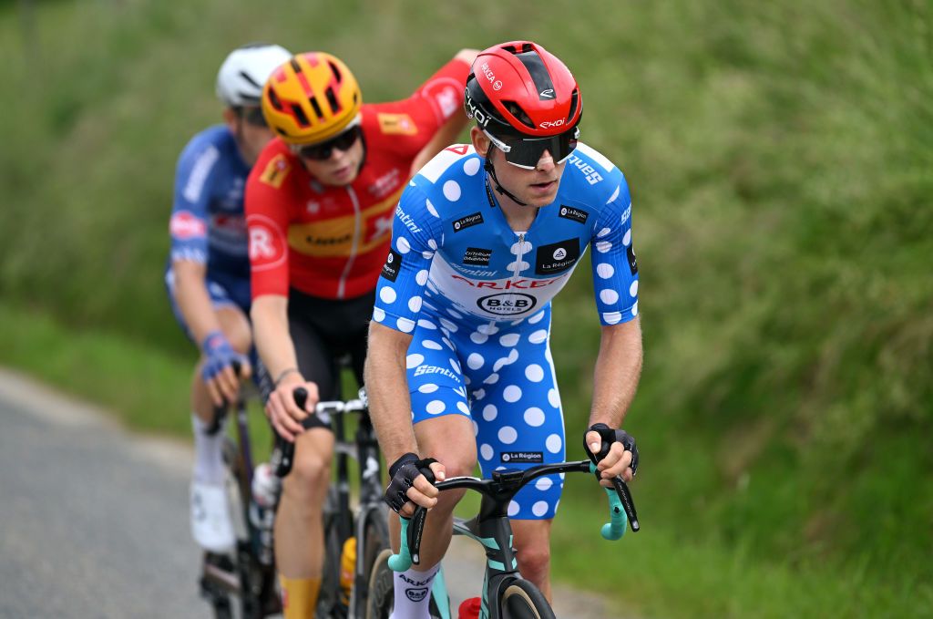 BOISSETSAINTPRIEST FRANCE JUNE 06 Mathis Le Berre of France and Team ArkeaBB Hotels Polka dot Mountain Jersey competes in the breakaway during the 76th Criterium du Dauphine 2024 Stage 5 a 167km stage from Amplepuis to SaintPriest UCIWT on June 06 2024 in BoissetSaintPriest France Photo by Dario BelingheriGetty Images
