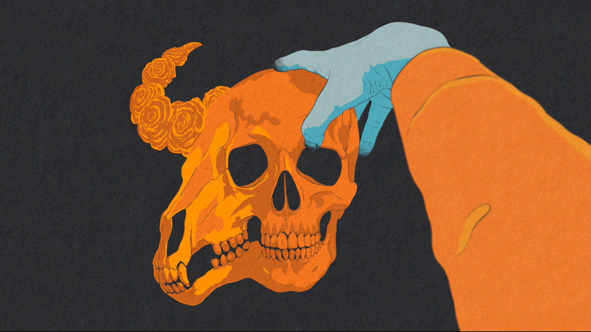 A stylized, colorful scene shows a hand holding two skulls fused together, one is human, the other appears to have flowery antlers in phycological horror game, I Shall Name The Dead