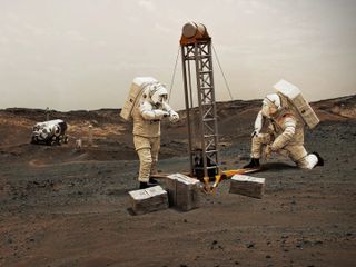 two astronauts in bulky spacesuits operate a drill on mars